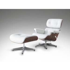 Sillón relax con reposapiés de inspiración EAMES piel blanca madera y aluminio pulido 3