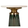 943002 Mesa auxiliar redonda de diseño Art Decó Ø31 mármol color blanco, metal dorado y cristal verde