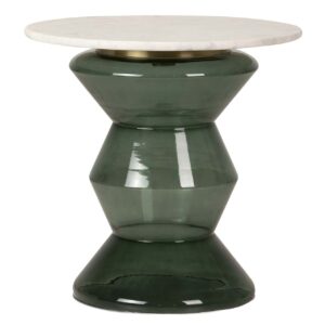 943006 Mesa auxiliar redonda de diseño Art Decó Ø50 mármol color blanco, metal dorado y cristal verde