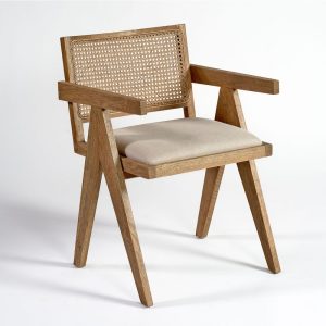 ARTHUR-B Silla con reposabrazos diseño nórdico vintage madera de roble, respaldo de rejilla y asiento de lino