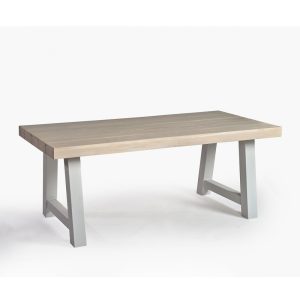 JULIET Mesa de comedor para exterior con sobre de madera de teka blanqueada y patas de aluminio en color piedra