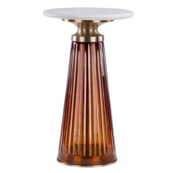 Mesa auxiliar redonda de diseño Art Decó Ø31 mármol color blanco metal dorado y cristal marrón