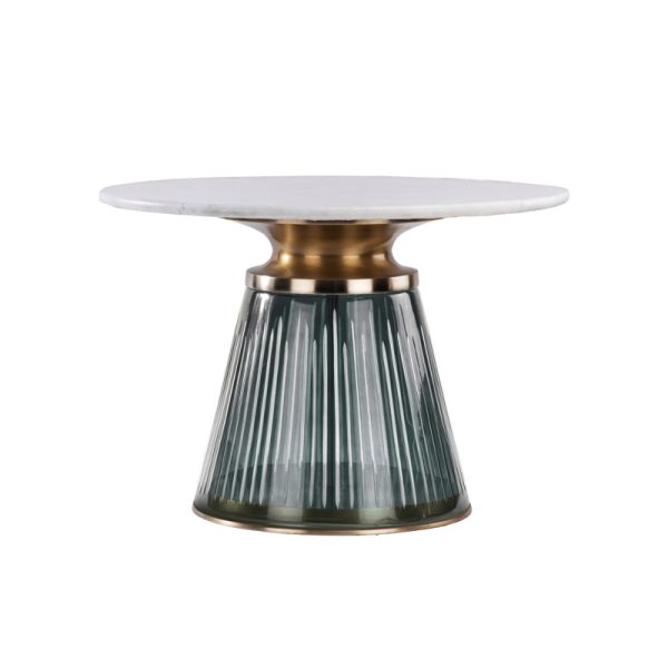 Mesa de centro redonda de diseño Art Decó Ø61 mármol color blanco metal dorado y cristal verde