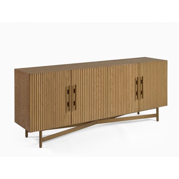 REINA-1 Aparador diseño moderno madera de roble natural puertas alistonadas y patas metal dorado
