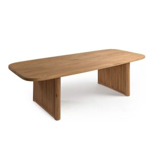 SOKA Mesa de comedor para exterior gran tamaño madera de teca, patas alistonadas y sobre con abertura