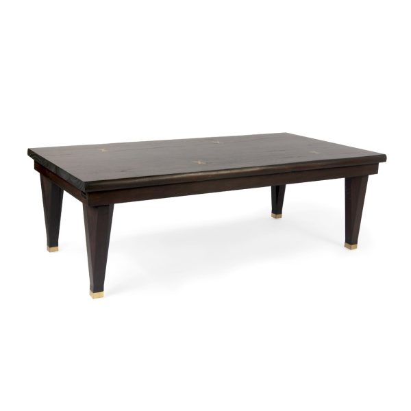 400102 Mesa de centro diseño rústico vintage madera mindi con detalles en bronce