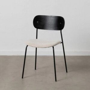 609585 Silla diseño vintage metal negro, respaldo madera y asiento tapizado blanco
