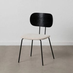 609590 Silla diseño vintage metal negro, respaldo madera y asiento tapizado blanco