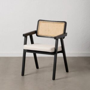 609988 Silla con reposabrazos diseño nórdico vintage madera negro y ratán con asiento tapizado