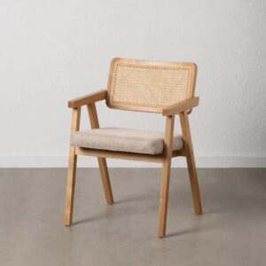 609989 Silla con reposabrazos diseño nórdico vintage madera y ratán con asiento tapizado