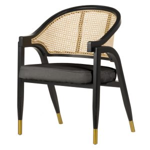 908066 Sillón butaca diseño vintage Art Decó madera negro con ratán natural y asiento tapizado