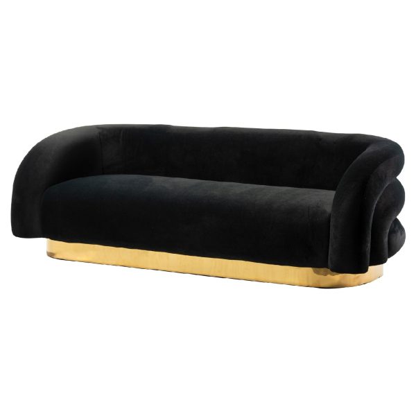930046 Sofá de gran tamaño diseño vintage Art Decó 210 tapizado terciopelo negro y base dorada