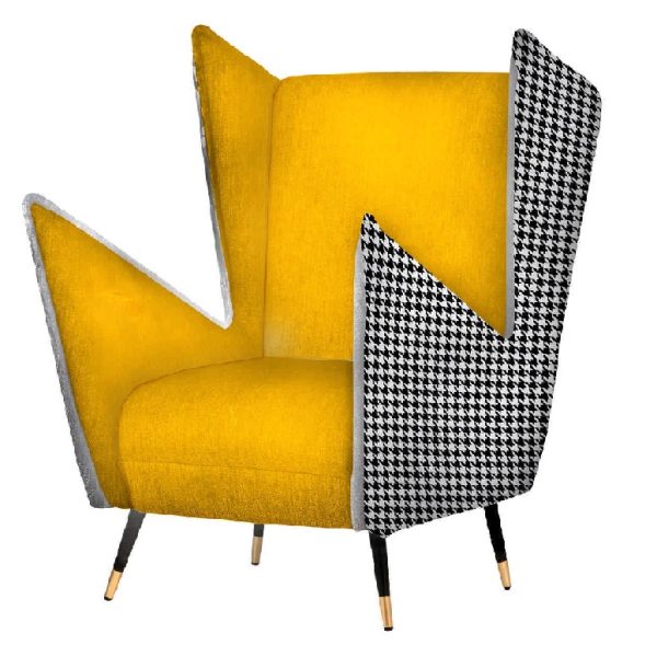 941007 Sillón butaca diseño vintage Art Decó VELVET PEAK tapizado terciopelo amarillo y pata de gallo