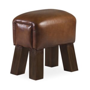 99201 Taburete bajo diseño vintage madera de teka y asiento de piel marrón