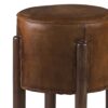 99203 Taburete bajo redondo diseño vintage 50 madera de teka y asiento de piel marrón con tachuelas