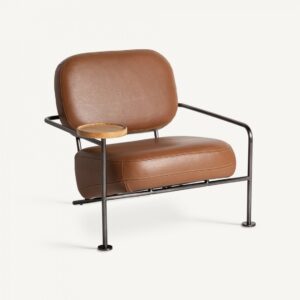 33560 Sillón diseño vintage KEITH acero y piel marrón con bandeja de madera