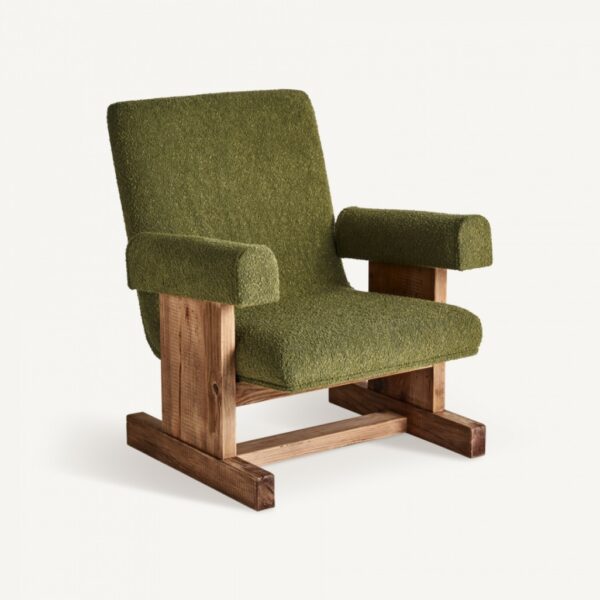 33596 Sillón butaca diseño rústico moderno CREUSOT madera pino reciclado y tapizado verde