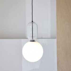 34MR23038 Lámpara de techo diseño moderno BOLA 25 esfera vidrio blanco y óvalo vidrio transparente tallado