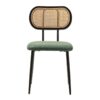 703122 Silla diseño vintage metal y madera negro con asiento tapizado verde y respaldo rejilla