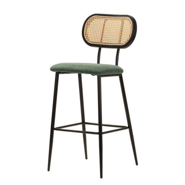 703124 Taburete alto diseño vintage metal negro con asiento tapizado verde y respaldo rejilla