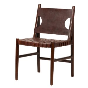 940186 Silla de diseño vintage madera de teka y cuero marrón asiento trenzado