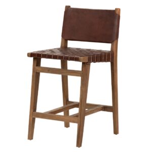 940187 Taburete alto de diseño vintage madera de teka y cuero marrón asiento trenzado