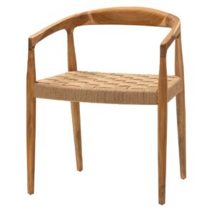 940188 Silla con reposabrazos diseño rústico vintage madera de teka y asiento de cuerda trenzada color natural