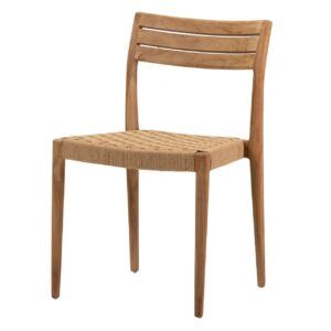 940189 Silla diseño rústico vintage madera de teka y asiento de cuerda trenzada color natural