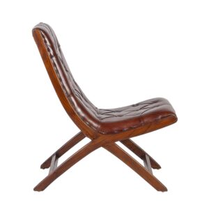 992300 Sillón butaca diseño vintage madera de teka y tapizado capitoné piel marrón