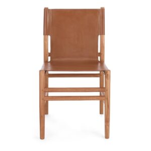 CAROLINE Silla diseño nórdico vintage madera teka y cuero color cognac