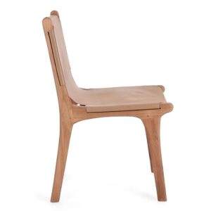 EUGENIE Silla diseño nórdico vintage madera teka y cuero color gris paloma