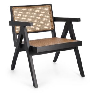 LOUNGE GALIA Sillón con reposabrazos diseño vintage madera negro con asiento y respaldo ratán natural