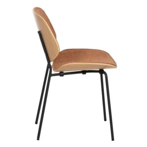 609457 Silla diseño vintage metal negro con respaldo y asiento en madera tapizada naranja