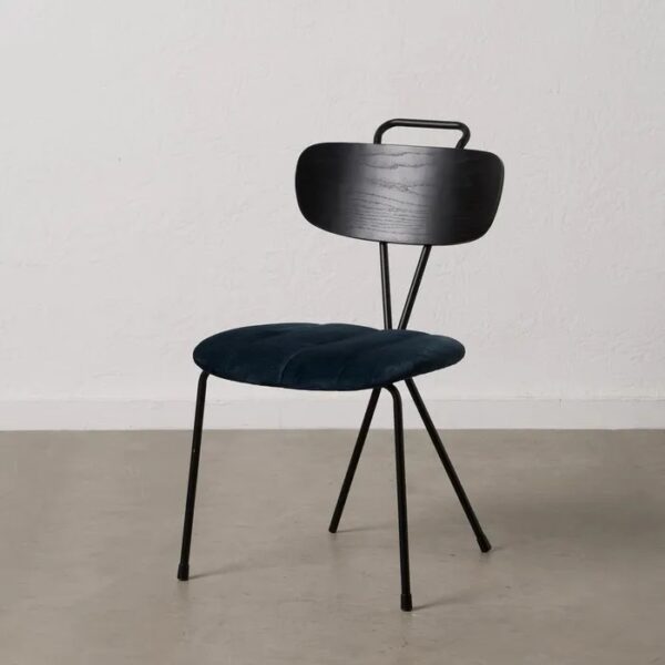 610356 Silla de diseño moderno vintage acero negro, respaldo madera y asiento azul