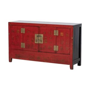 KM978 Aparador de diseño oriental 157 madera antigua rojo con desgastes y dibujos