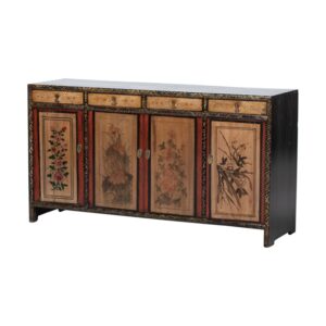 KM994 Aparador diseño oriental 156 madera antigua con desgastes y dibujos florales