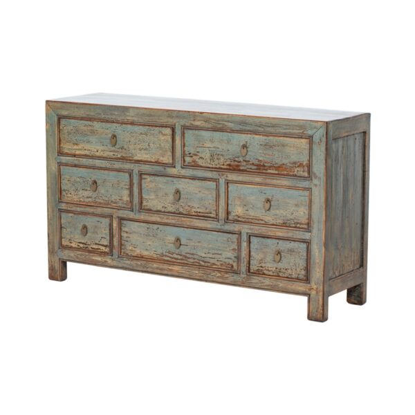 NT566 Cómoda 8 cajones de diseño rústico oriental 143 madera verde con desgastes