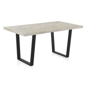 10827 Mesa de comedor diseño rústico industrial 160 madera blanco patinado y patas metal negro