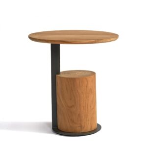 AMALFI Mesa auxiliar redonda de diseño moderno 48 madera maciza de teka con pie color negro