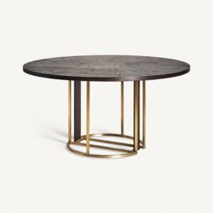 33711 Mesa de comedor redonda diseño Art Decó LEIRA 150 madera y acero dorado