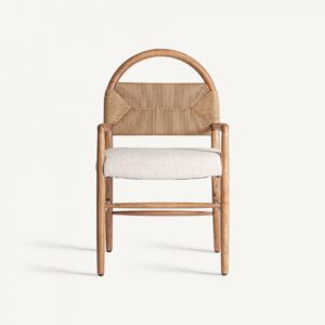 34461 Silla de diseño nórdico vintage IMPHY madera, enea y asiento blanco roto
