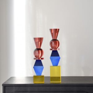 34PH24240 Set de 2 candelabros diseño moderno 25 31 cristal geométrico naranja, violeta y rosa