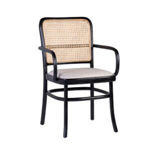 648012 Silla con reposabrazos diseño vintage madera de teka en negro, respaldo ratán y asiento tapizado