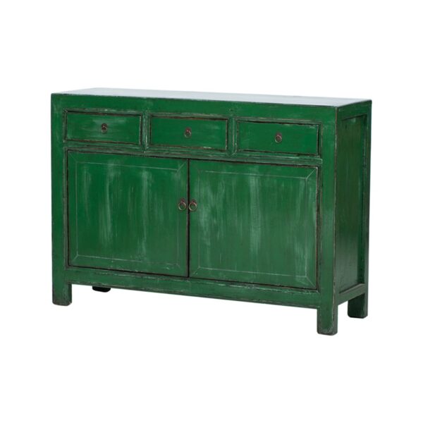 JN354 Aparador diseño vintage oriental 128 madera antigua verde con desgastes