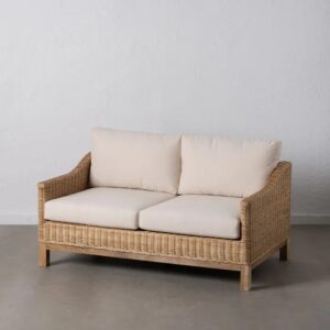 611036 Sofá de diseño rústico vintage 141 madera y fibra natural con cojines beige