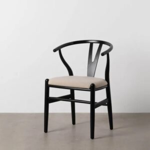 611228 Silla de diseño vintage inspiración Wishbone madera negro y asiento tapizado