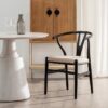 611228 Silla de diseño vintage inspiración Wishbone madera negro y asiento tapizado