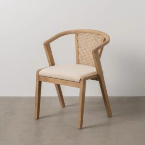 611233 Silla de diseño nórdico vintage madera con respaldo rejilla y asiento tapizado beige