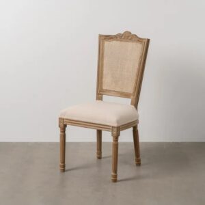 611290 Silla de diseño clásico vintage madera con rejilla, tallas y asiento tapizado blanco