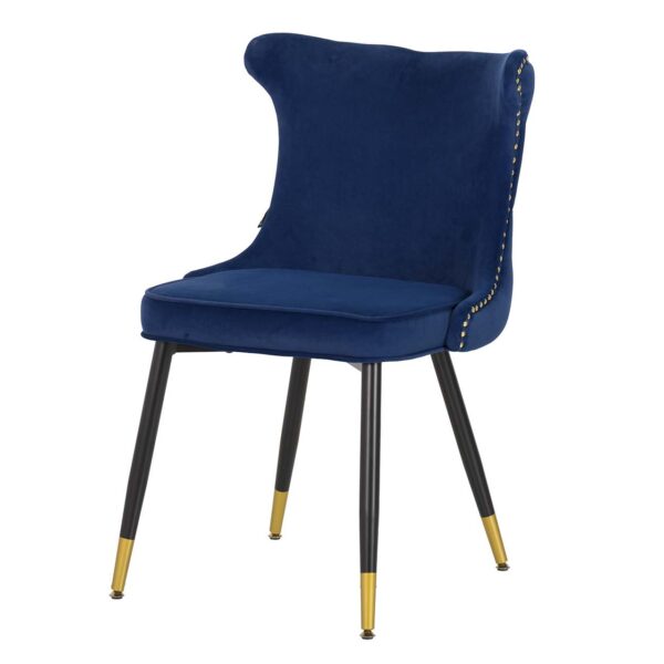 914062 Silla diseño Art Decó ASPEN tapizado capitoné terciopelo azul con tachuelas y patas de metal